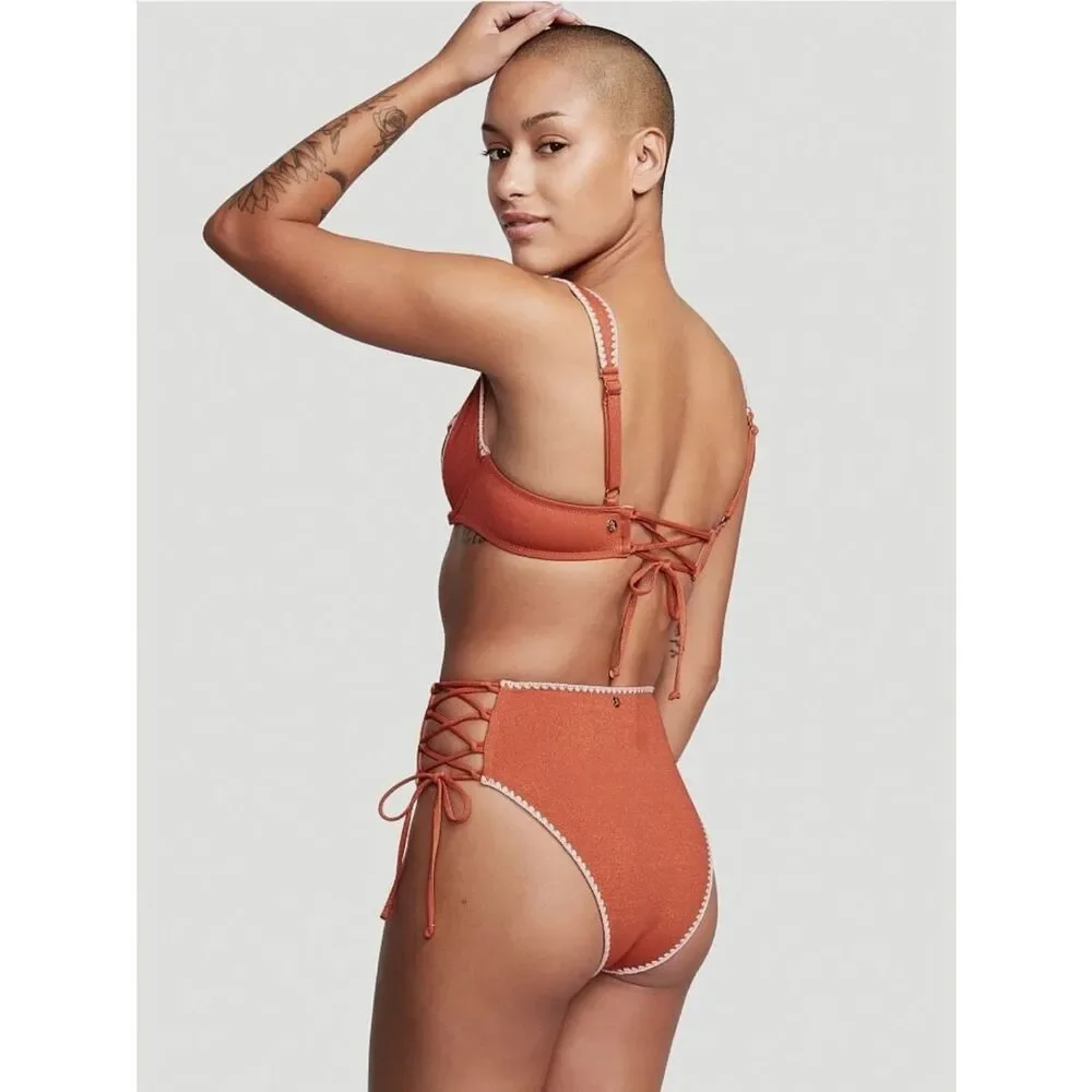 Victoria Secret Rust Orange High-Waist Lace-Up Bikini Set 38 B Top/Medium Bottom